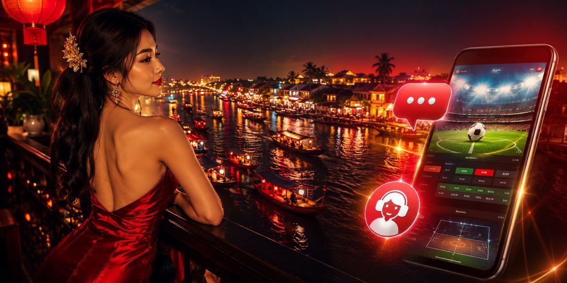 Người dùng đặt cược thể thao trực tuyến bên bờ sông Mekong với điện thoại trên tay